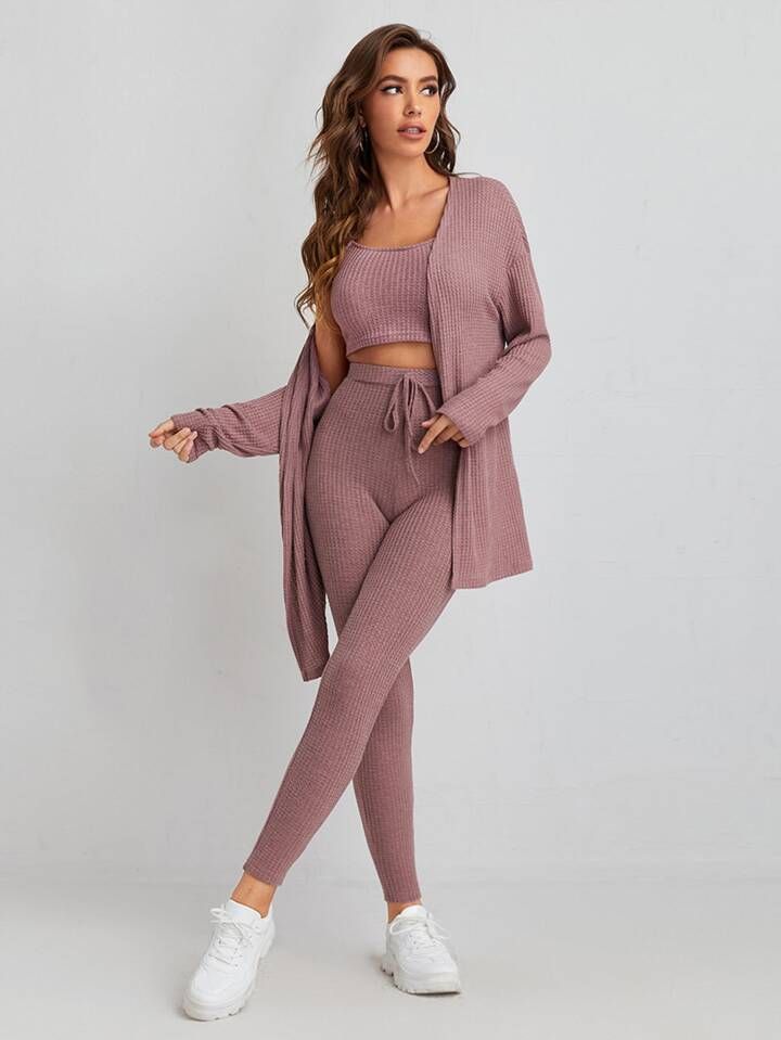 SHEIN Essnce Waffle Knit Tank Top And Leggings Set With Coat | SHEIN