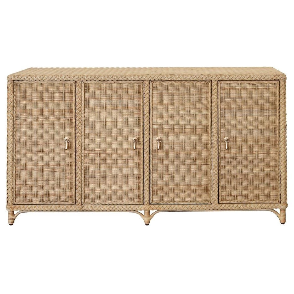 Worlds Away Evander Coastal Beach Natural Woven Rattan Brass Pulls Buffet | Kathy Kuo Home