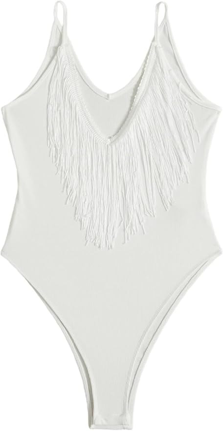Milumia Women's Fringe Trim Sleeveless Bodysuit Cami Top Solid Romper Clubwear | Amazon (US)