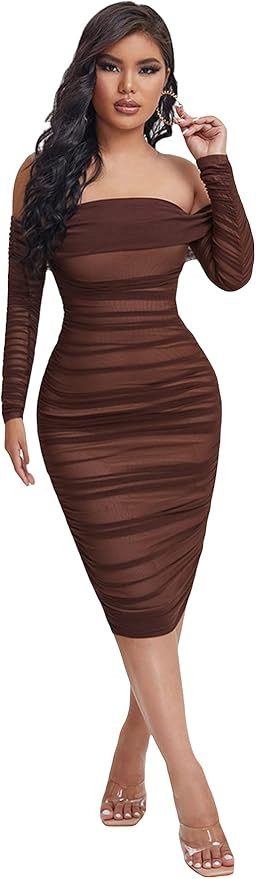 Floerns Women's Off Shoulder Ruched Long Sleeve Mesh Bodycon Pencil Dress | Amazon (US)