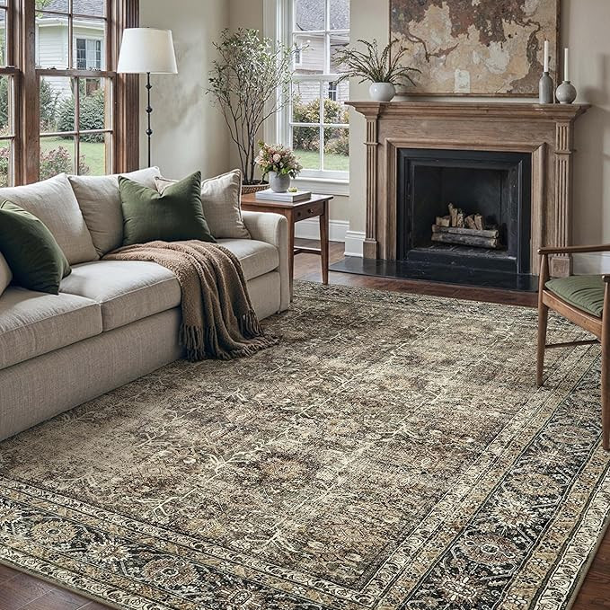 Vintage Area Rug 8x10 Brown Washable Living Room Large Carpet Non Slip Bedroom Indoor Office Low ... | Amazon (US)