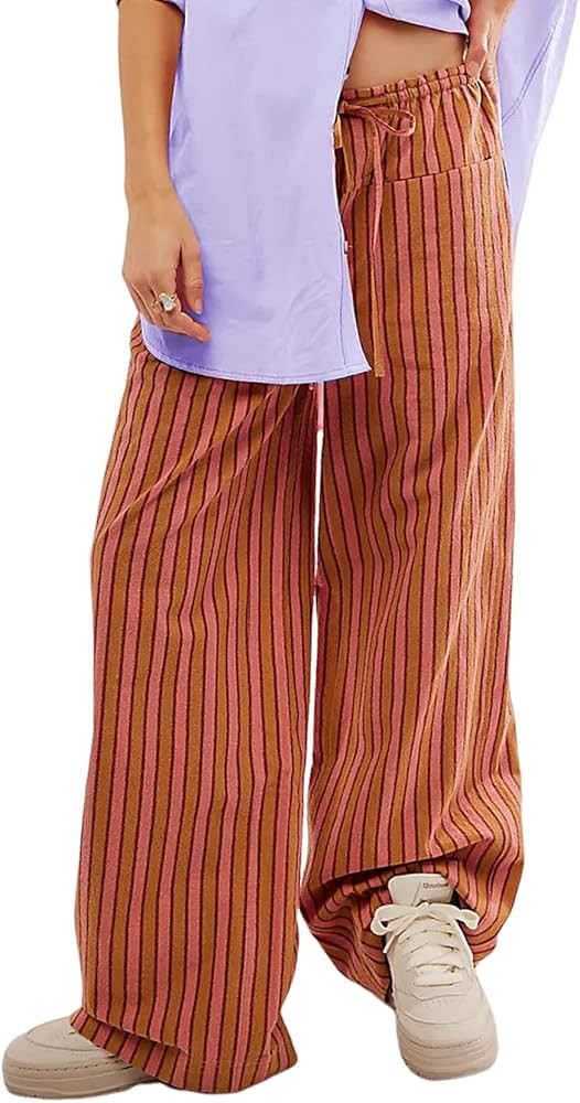 Yimoon Women Striped Lounge Pants Drawstring Wide Leg Low Rise Trousers with Pockets Casual Loose... | Amazon (US)