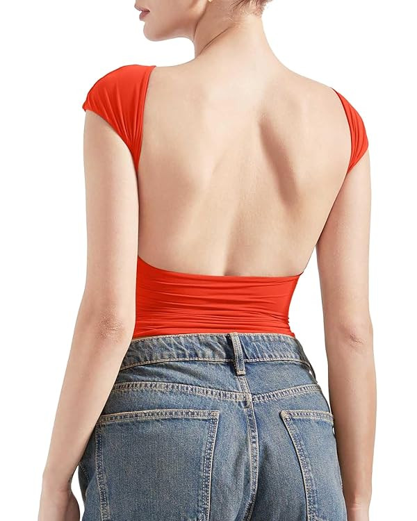 SUUKSESS Women Backless Sexy Going Out Tops Double Lined Open Back Y2k Basic Tee Shirts | Amazon (US)