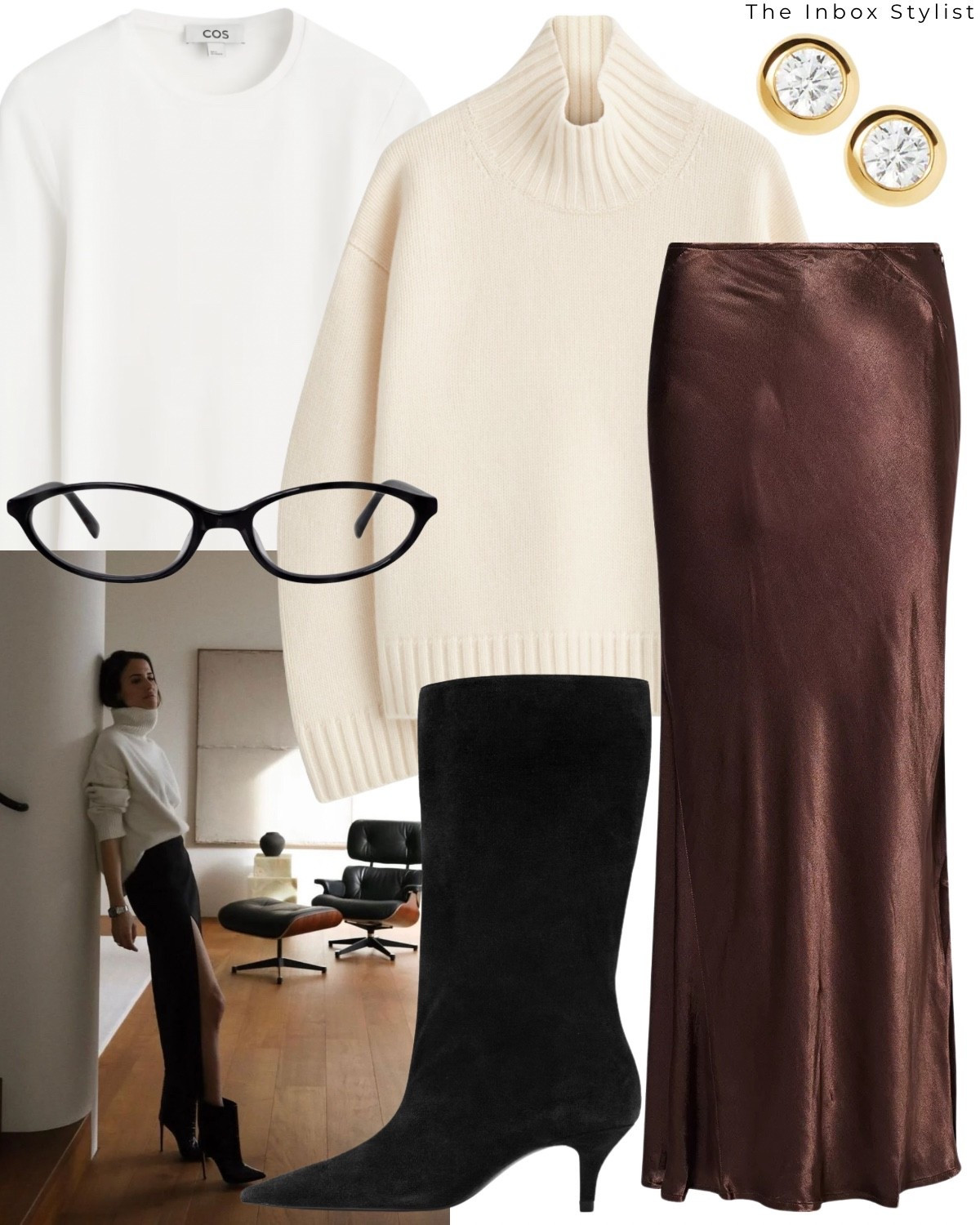 A ladylike outfit for the office. 

Including full neck jumper, roll neck jumper, brown silk skirt, brown satin skirt, blue light glasses, black suede boots, heeled boots, gold diamond studs, white long sleeve top  

#LTKstyletip #LTKworkwear #LTKwinter