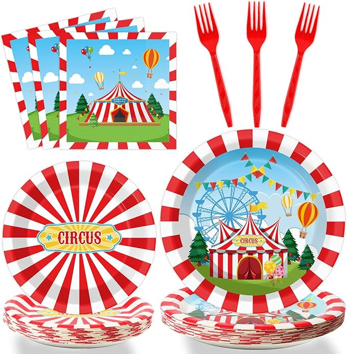 Tevxj 96PCS Circus Tableware Set Carnival Theme Dinnerware Disposable Dessert Plates Carnival Cir... | Amazon (US)