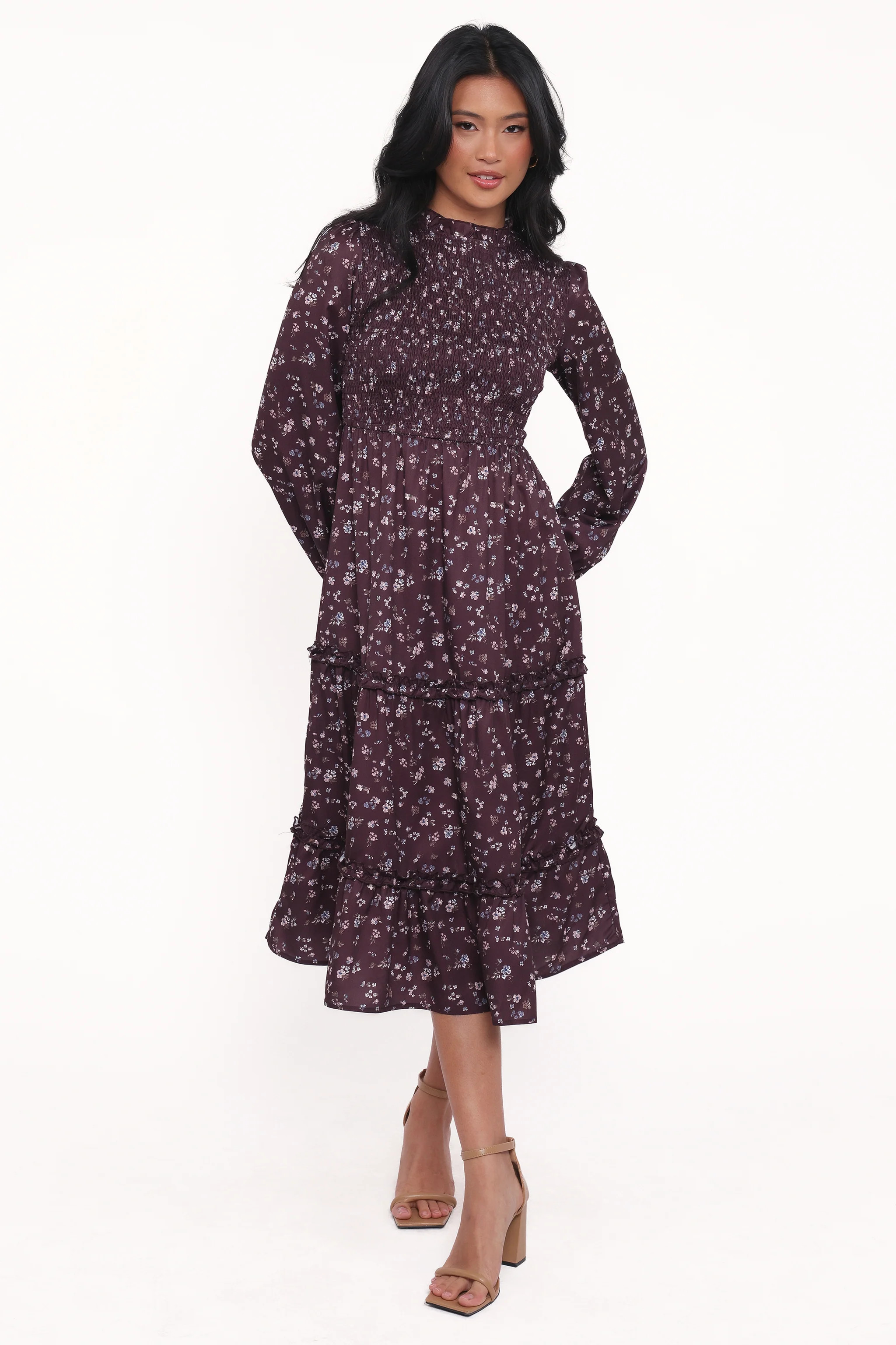 Edwina Shirred Frill Long Sleeve Midi Dress - Plum Floral | Petal & Pup (US)