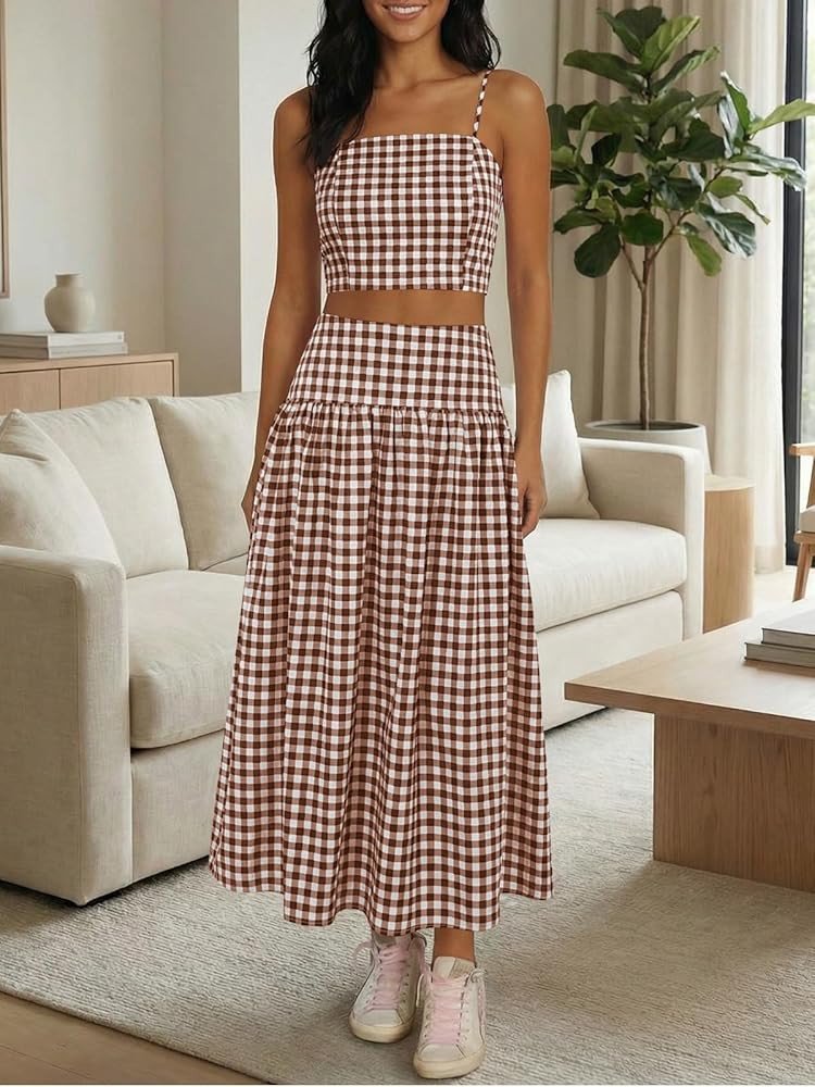 Wenrine Womens 2 Piece Skirt Sets Summer Gingham Crop Tank Tops Midi Dress Set Travel Vacation Ou... | Amazon (US)
