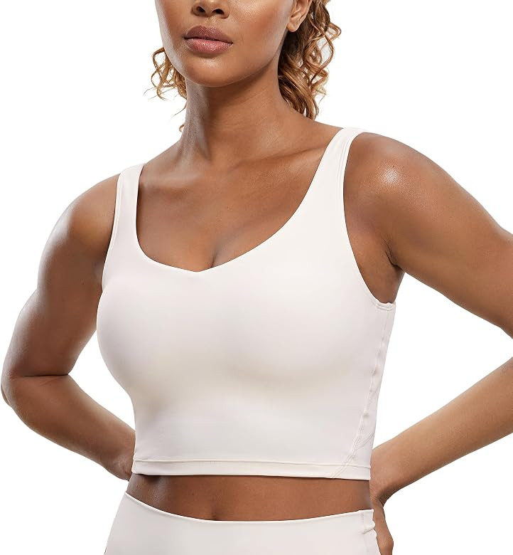 CRZ YOGA Butterluxe Womens V Neck Longline Sports Bra - Padded Workout Crop Tank Top with Built i... | Amazon (US)