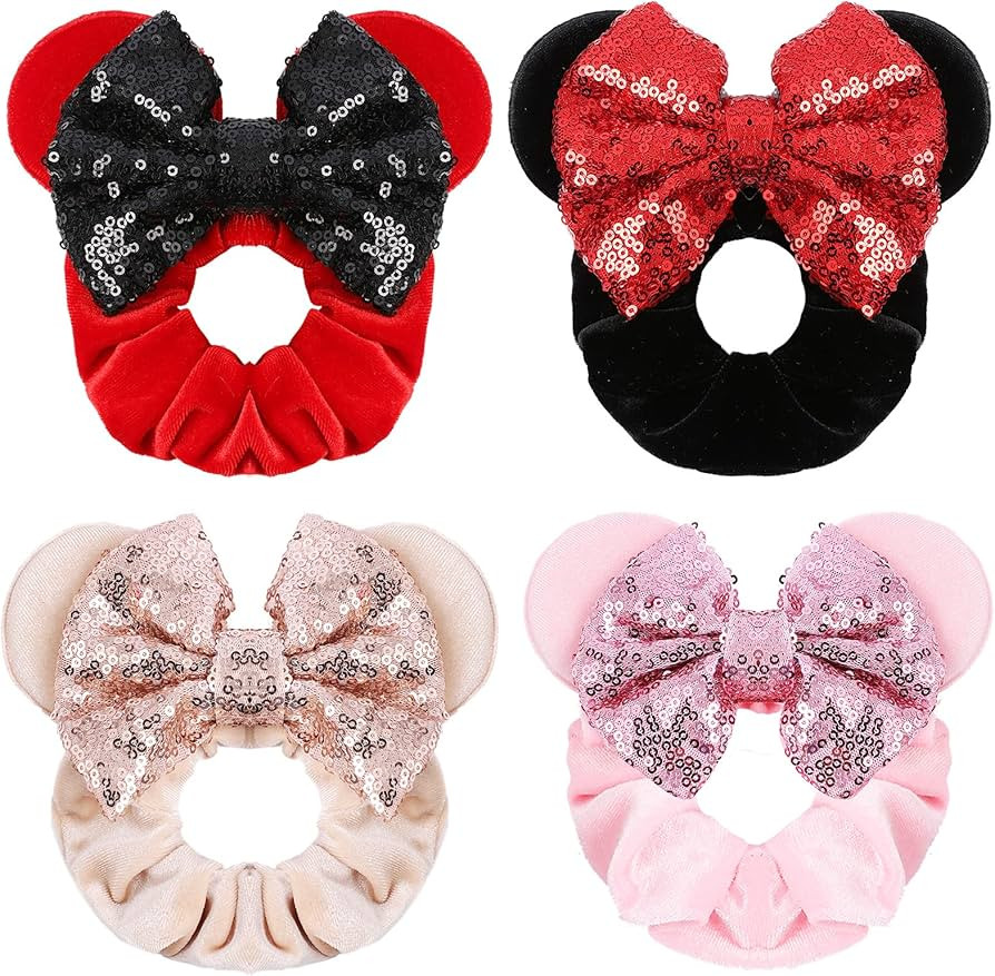 4Pcs Hair Scrunchies Mouse Ears Bows Scrunchies,Sequin Bows Velvet Elastic Rubber Hair Ties,Rope ... | Amazon (US)