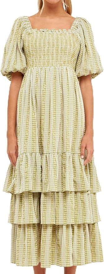 English Factory Women's Gingham Striped Multi Tiered Maxi Dress | Amazon (US)