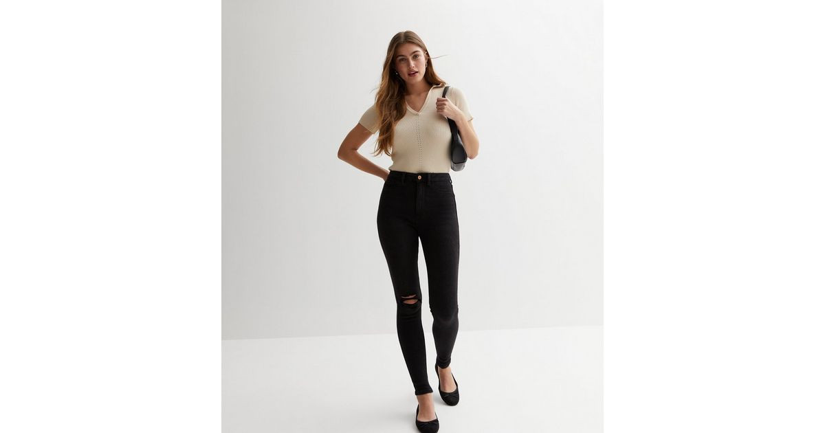 Black Ripped Knee High Waist Hallie Super Skinny Jeans
						
						Add to Saved Items
						Remo... | New Look (UK)