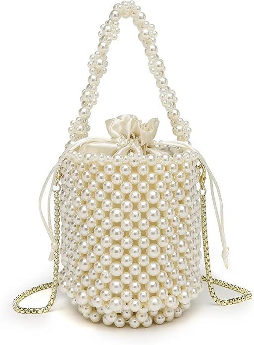 SharPlus White Beaded Pearl Bucket Handbag for Women, Small Tube Clutch Purse Evening Bag for Bri... | Amazon (US)