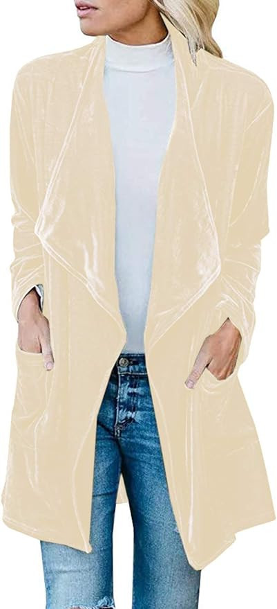 futurino Women's Solid Long Sleeve Velvet Jacket Open Front Cardigan Coat with Pockets Outerwear | Amazon (US)