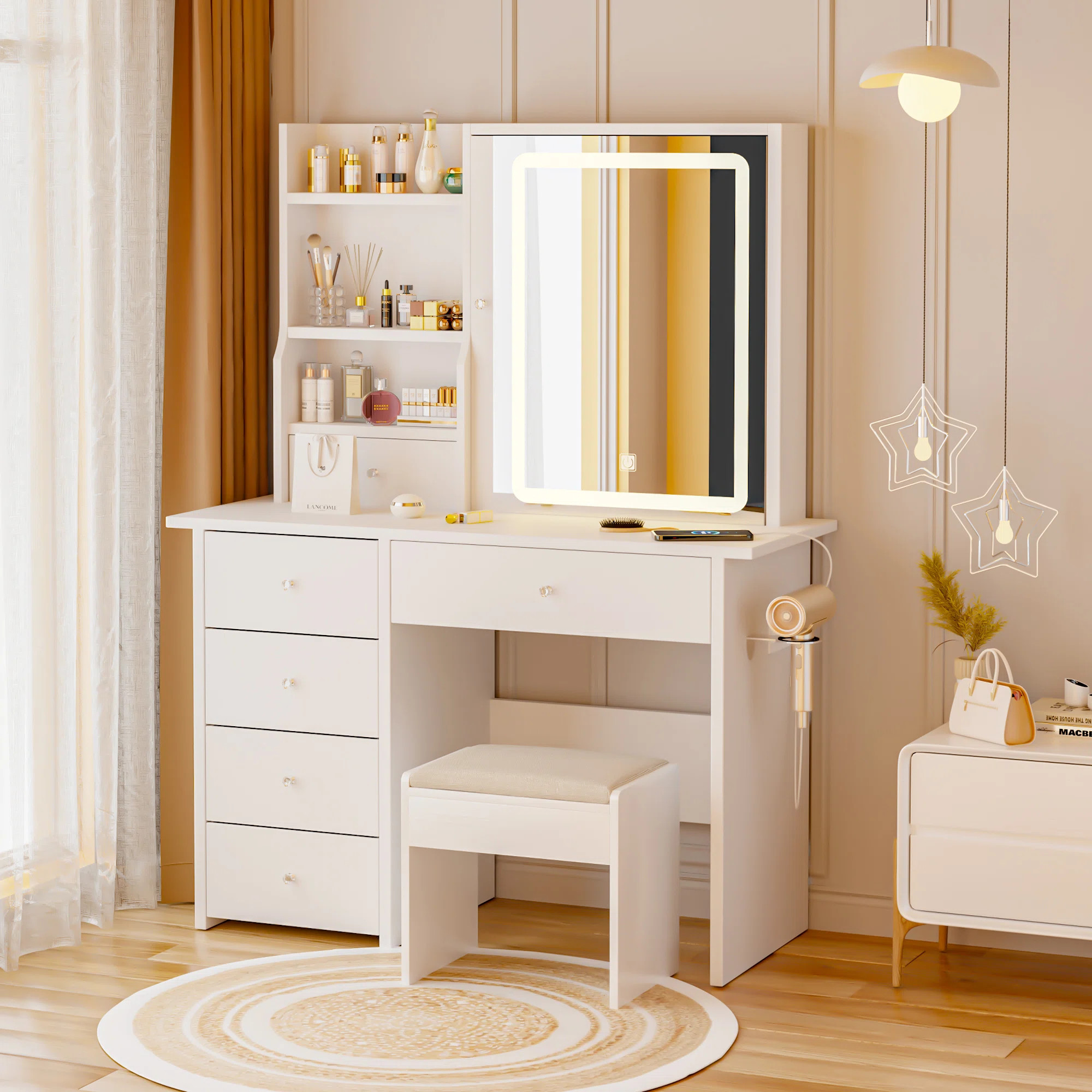 Aullville Vanity Desk with Sliding Mirror and LED Lights & Charging Station with Stool | Wayfair North America