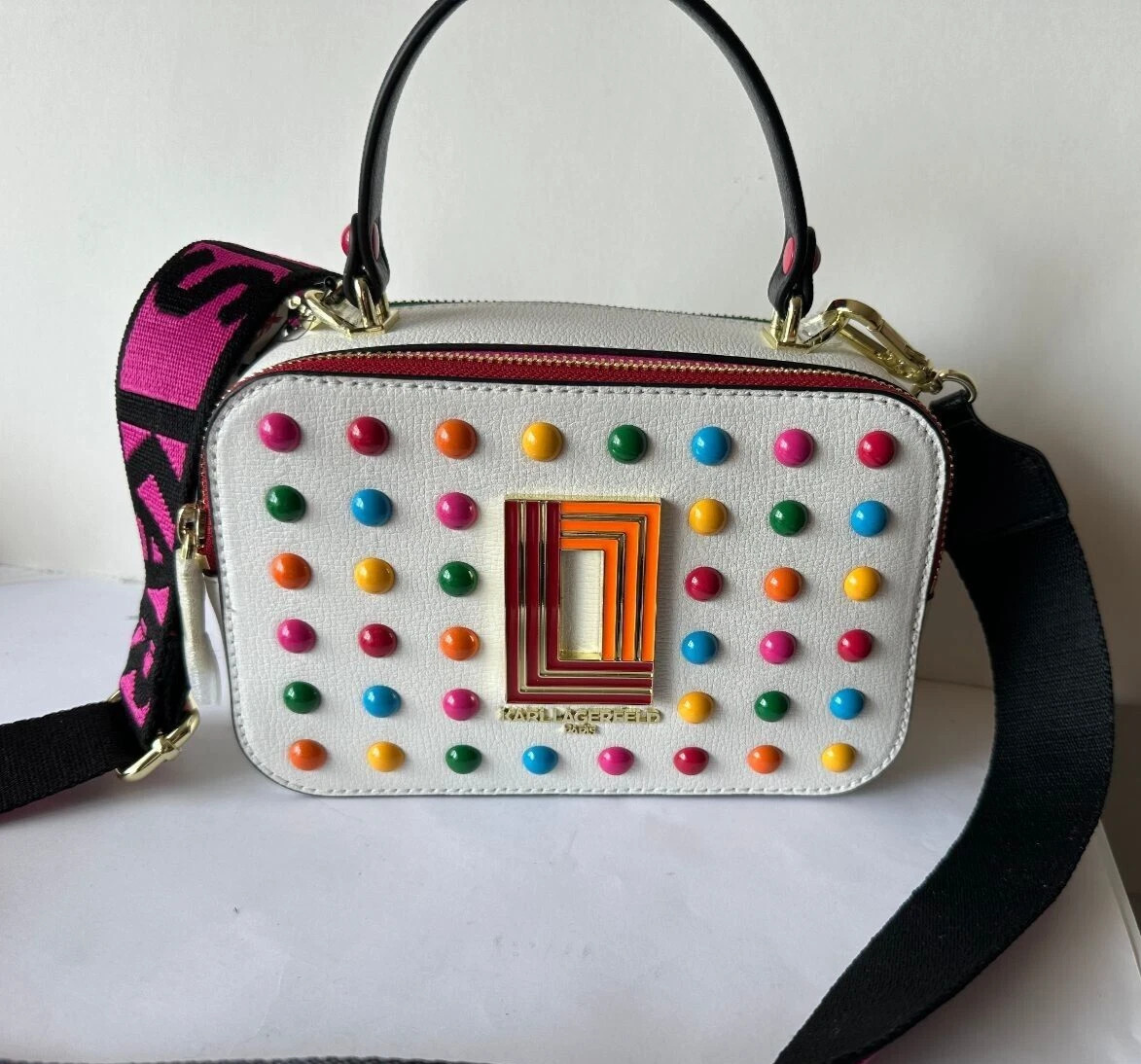 NWT $228 Karl Lagerfeld Simone Top Handle 2 Zippers Crossbody Studded  Purse | eBay US