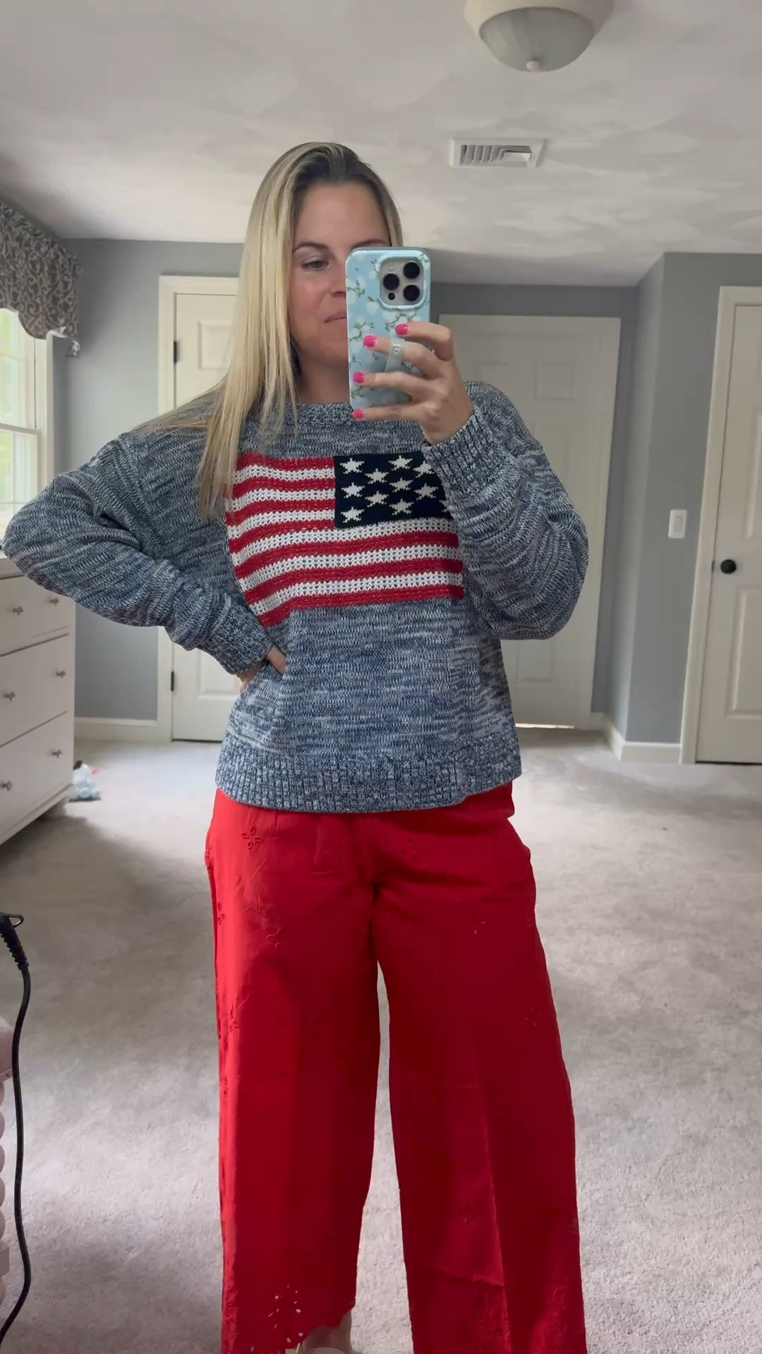American flag sweater, old navy flag sweater, red pants, eyelet pants, vacation pants. Summer pants for women

#LTKSeasonal #LTKSaleAlert #LTKootd