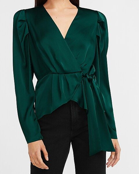 Satin Pleated Sleeve Wrap Front Bow Top | Express