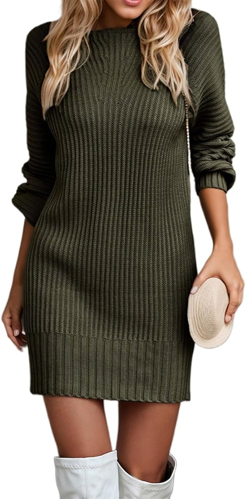 Womens Turtleneck Long Sleeves Knit Sweater Dress Lantern Sleeves Ribbed Solid Color Bodycon Pull... | Amazon (US)
