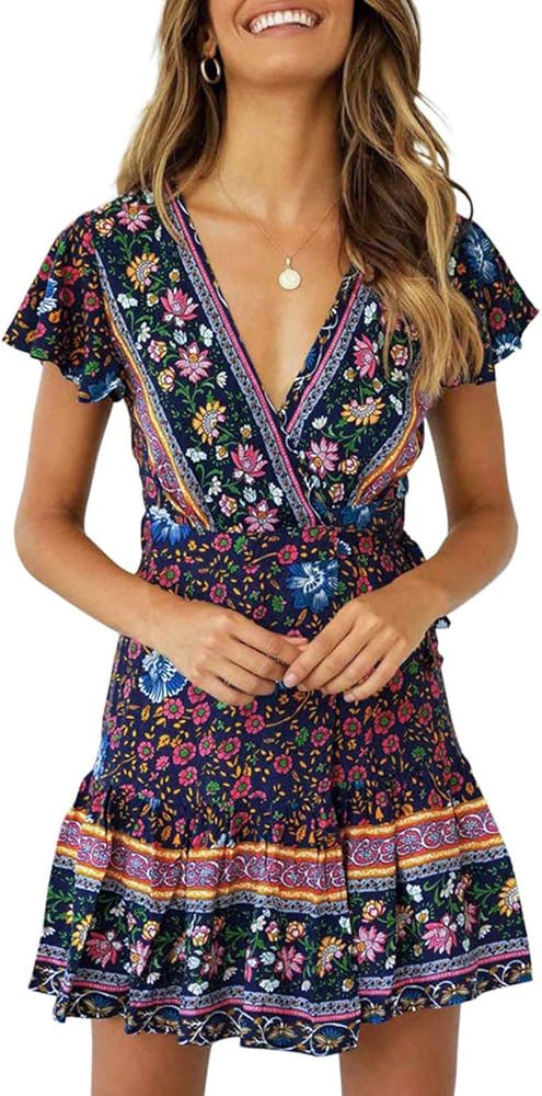 ZESICA Women’s Summer Wrap V Neck Bohemian Floral Print Ruffle Swing A Line Beach Mini Dress | Amazon (US)