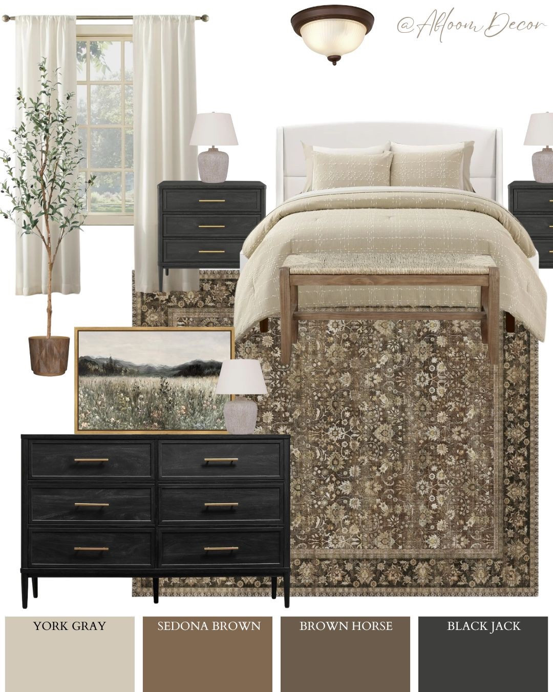 This cozy bedroom design blends soft neutrals with bold contrast, featuring creamy bedding, moody black furniture, and a richly patterned rug that ties it all together. 

#LTKHome