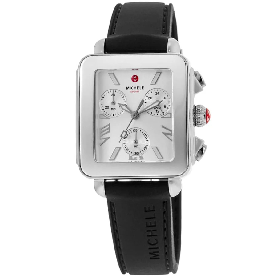 Michele Deco Sport Quartz Chronograph Silver Dial Black Silicone Strap Women's Watch MWW06K000071 | Shop Simon
