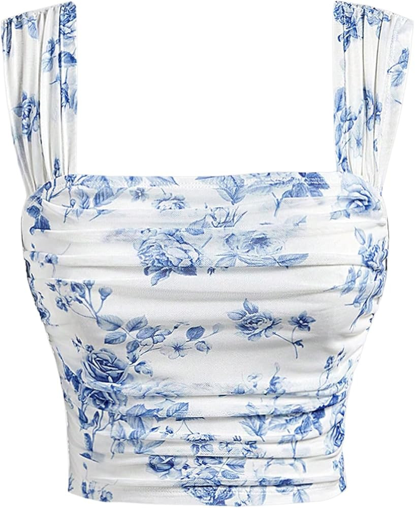 Milumia Girl's Ruched Floral Print Tank Top Square Neck Sleeveless Cropped Tops | Amazon (US)