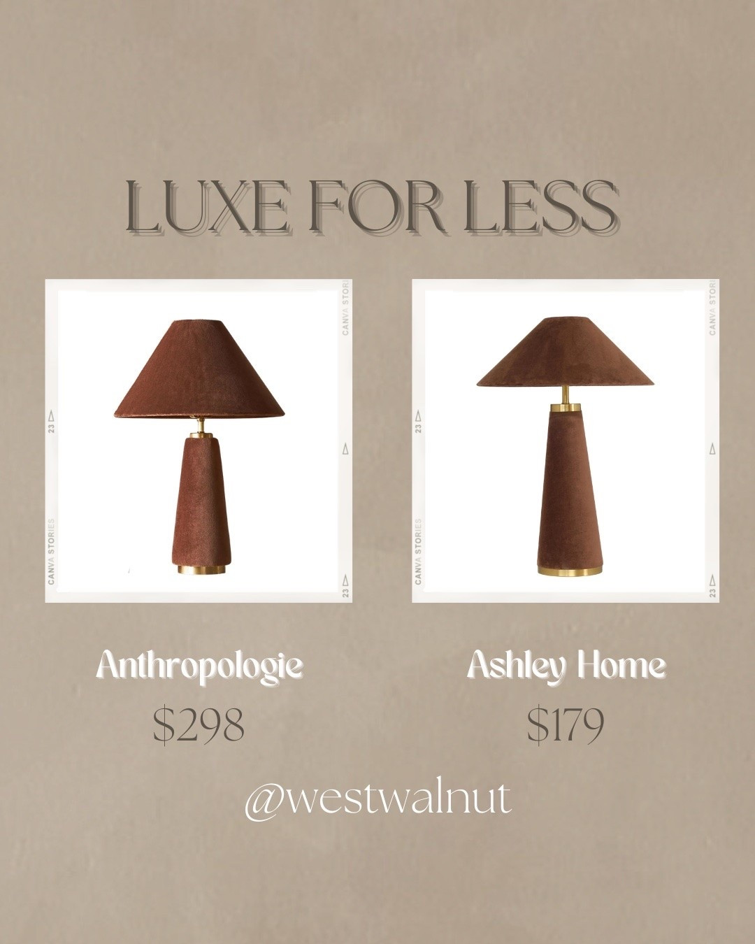Brown Velvet Lamp Luxe for Less

On the left is the Lulu Velvet Table Lamp from Anthropologie. This lamp is made with a hardwood structure, brass hardware and a cotton-velvet shade.
Dimensions: 21"H x 14"Día

On the right is the TOV Furniture Graham Table Lamp in Chocolate Brown from Ashley. 
Dimensions: 23"H x 16"Dia

#velvetlamp #luxeforless #moderndecor #homedecor #tablelap

#LTKHome