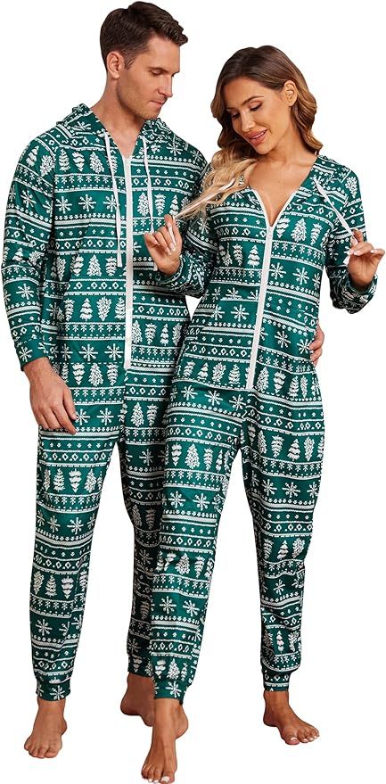 Ekouaer Christmas Family Matching Pajamas Hooded Zipper Onesies Long Sleeve Couple One Piece S... | Amazon (US)