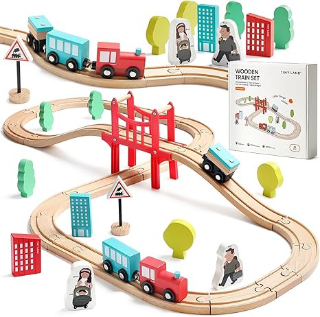 Tiny Land Wooden Train Set for Toddler - 39 Pcs- with Wooden Tracks fits Thomas, fits Brio, fits ... | Amazon (US)