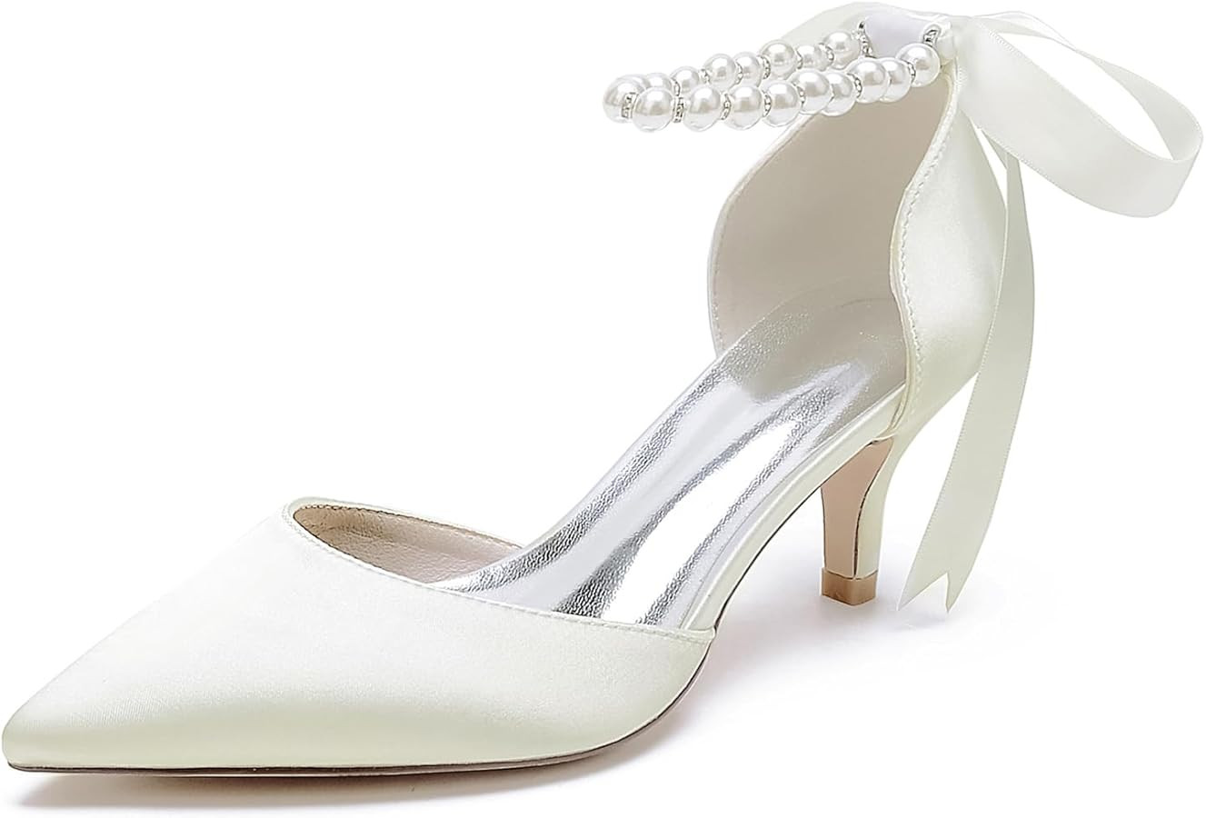 Closed Toe Pearl Kitten Heels Satin Wedding Shoes for Bride Low Heels with Bow Bridal Heels for W... | Amazon (US)