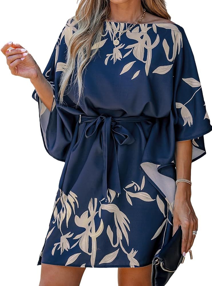 CUPSHE Women's Casual Mini Dress Navy Leaf Print 3/4 Sleeve One Shoulder A Line Short Belted Dres... | Amazon (US)
