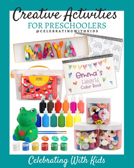 Creative activities for preschoolers include puff paint, sensory dough jars, paint your own frog, clay kit, custom name crayons, custom name coloring books.

Kids crafts, kids creative toys, kids toys, preschool toys, creative crafts for kids 

#LTKkids #LTKfamily #LTKunder50
