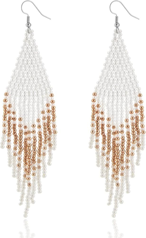 Native Beaded Tassel Earrings Boho - Handmade Seed Bead Statement Fringe Drop Earrings for Women Dan | Amazon (US)