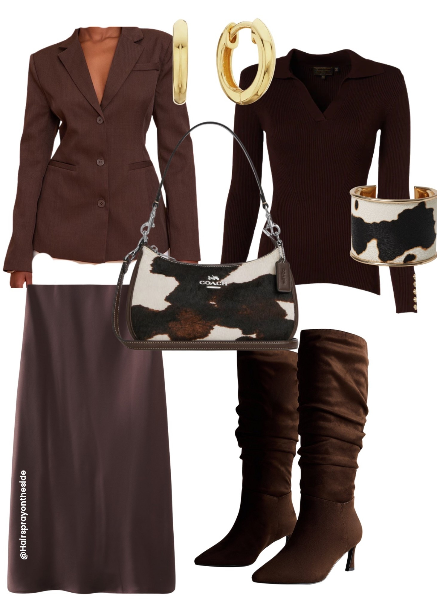 Fall fashion just got luxe 🤎 This brown-on-brown outfit is trending for 2025 — featuring a satin maxi skirt, tailored blazer, knee-high boots, and the Coach cow print shoulder bag. Perfect for effortless neutral styling and chic autumn looks. Pair with gold hoops and a sleek blow-dry for that polished, influencer-approved finish ✨

Shop the full outfit on LTK ↓
#FallOutfitInspo #LTKFallStyle #BrownOutfitIdeas #CoachBag #NeutralOutfits #FallFashion2025 #AutumnStyleInspo #CowPrintTrend #ChicFallLook #OOTD2025 #LTKOutfit #HairsprayOnTheSide

Cow print bag, cow print cuff, chocolate brown blazer, chocolate brown satin skirt, chocolate brow slouch boots, chocolate brown top 

#LTKwinter #LTKuk #LTKautumn