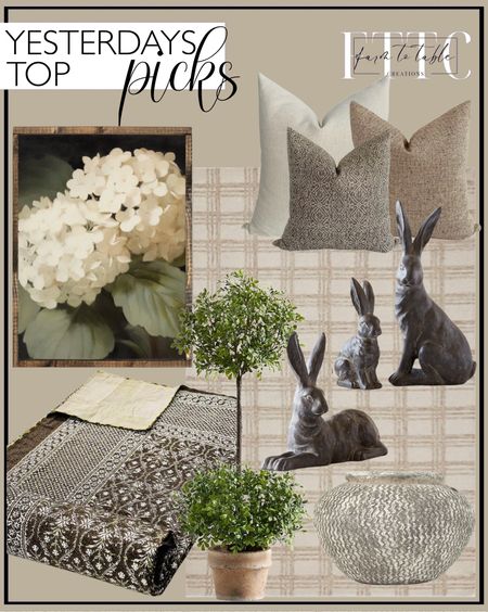 Yesterday’s Top Picks. Follow @farmtotablecreations on Instagram for more inspiration. 

Faux Boxwood Topiary. Best Selling Dark Brown Bedding Quilt. White Hydrangeas Art Print. Serene Pillow Cover Set. Essex Handcrafted Bunny Sculptures. Pottery Barn Finds. Loloi Chris Loves Julia Polly Collection POL-12 Cream/Sand. Amazon Home. Loloi Rug Sale. ZENTIQUE Distressed Vase, One Size, Grey, White. 

*Use code FARMTOTABLE on framed art*

#LTKsalealert #LTKfindsunder50 #LTKhome