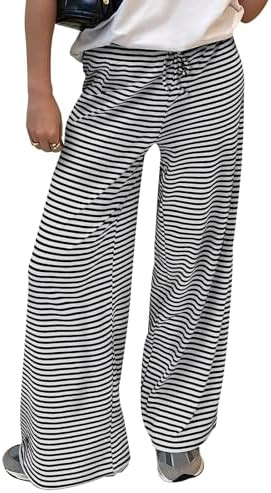 Trendy Queen Womens Striped Ribbed Wide Leg Pants Casual Drawstring Elastic Waist Baggy Sweatpant... | Amazon (US)