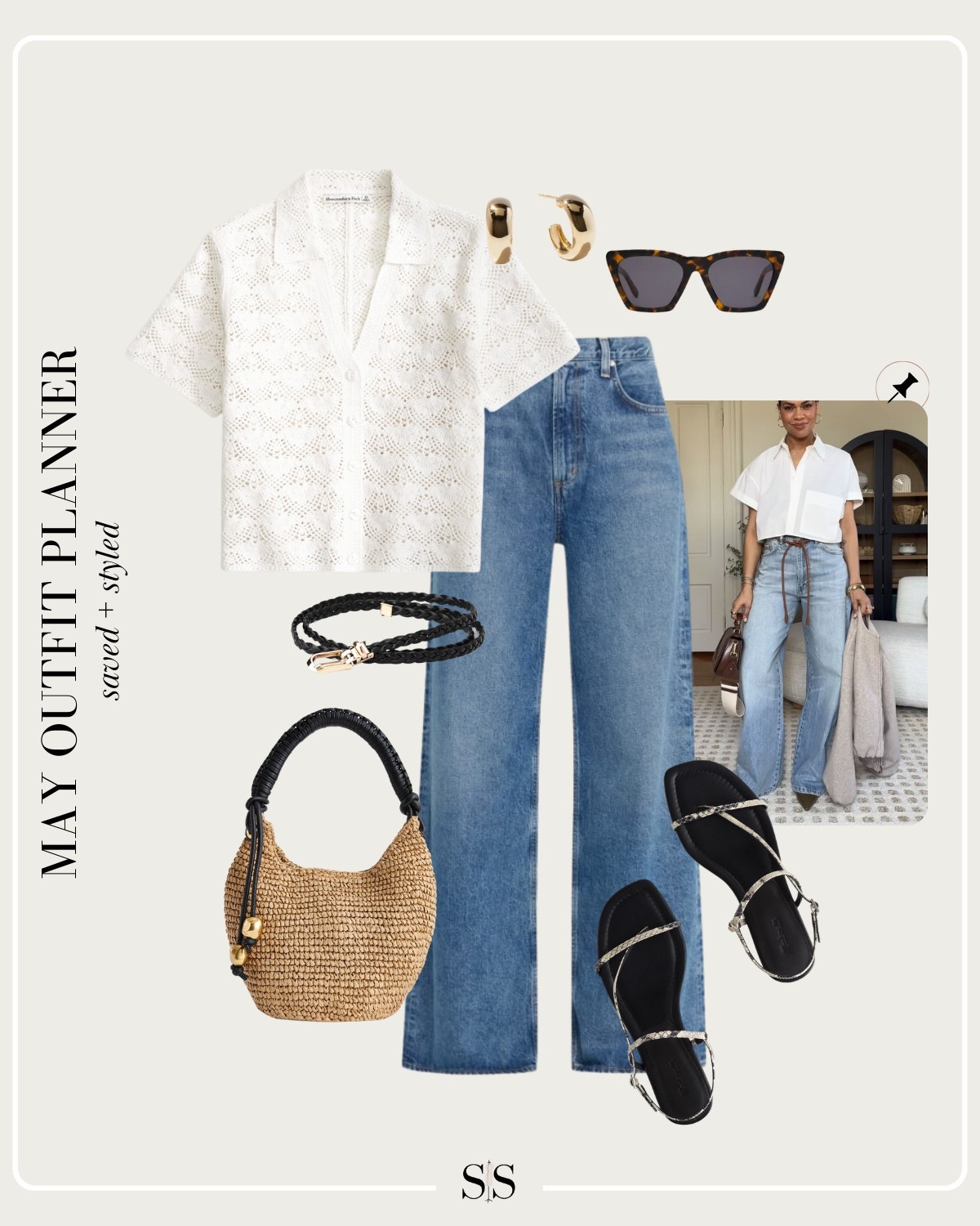 Monthly outfit planner MAY: Spring looks, saved + styled outfit inspo | full length wide leg denim, crochet button up shirt, raffia tote, black sandals, skinny woven belt, date night outfit 

#springoutfit #casualstyle

Image credit: @annamaegroves


#LTKStyleTip