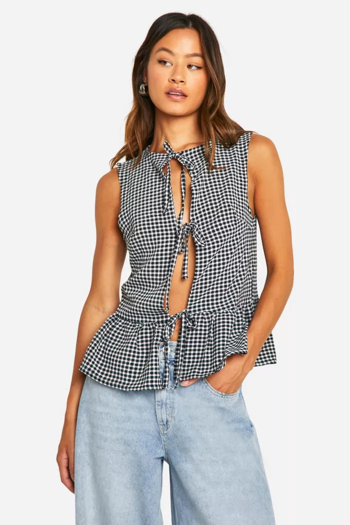 Tall Seersucker Gingham Tie Front Peplum Top | boohoo (US & Canada)
