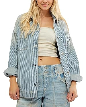 Kedera Women's Striped Denim Jackets Casual Long Sleeve Fall Jean Outfits Boyfriend Denim Coat wi... | Amazon (US)