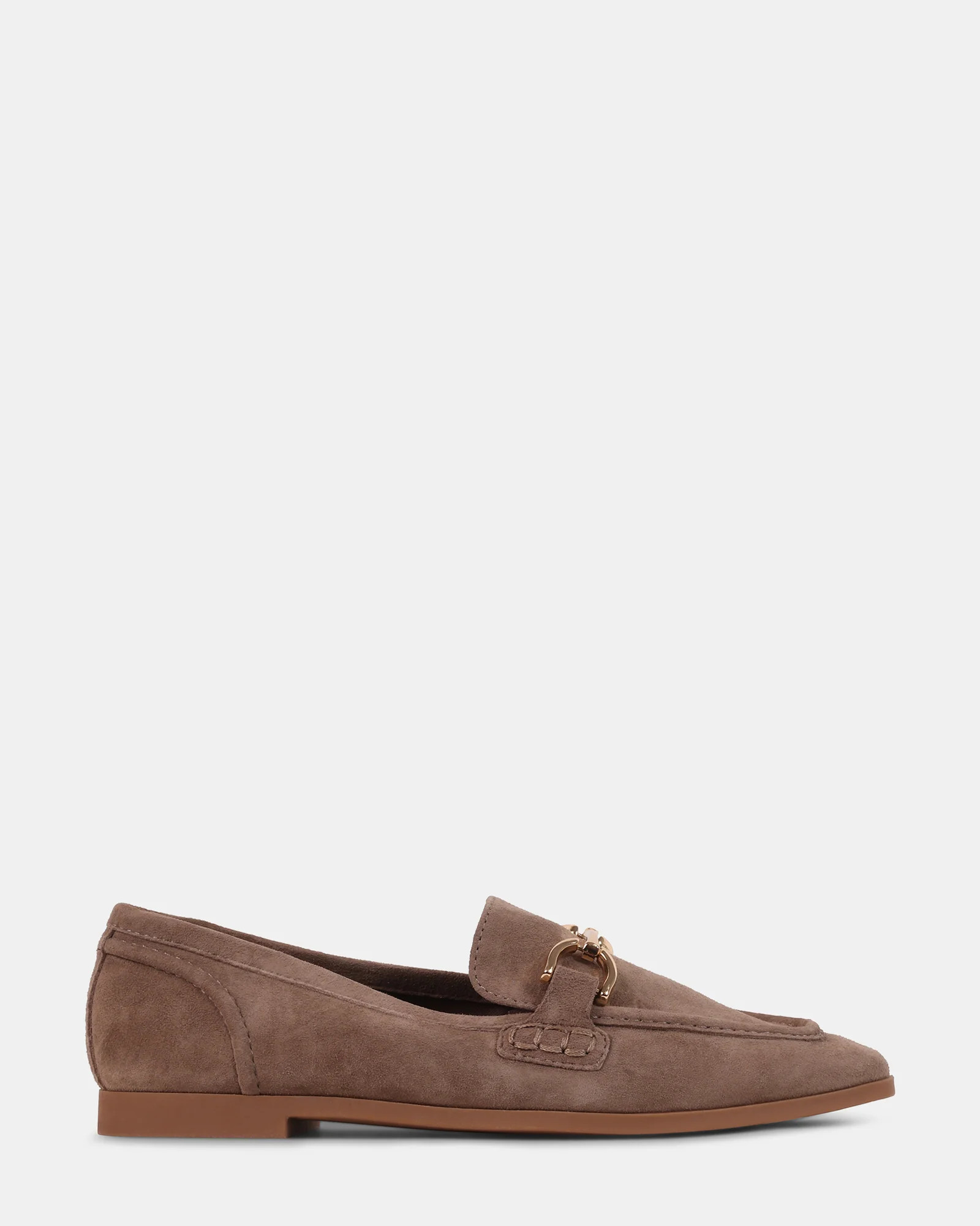 KEREN Taupe Suede Gold Hardware Loafers | Women's Designer Loafers | Steve Madden (Canada)