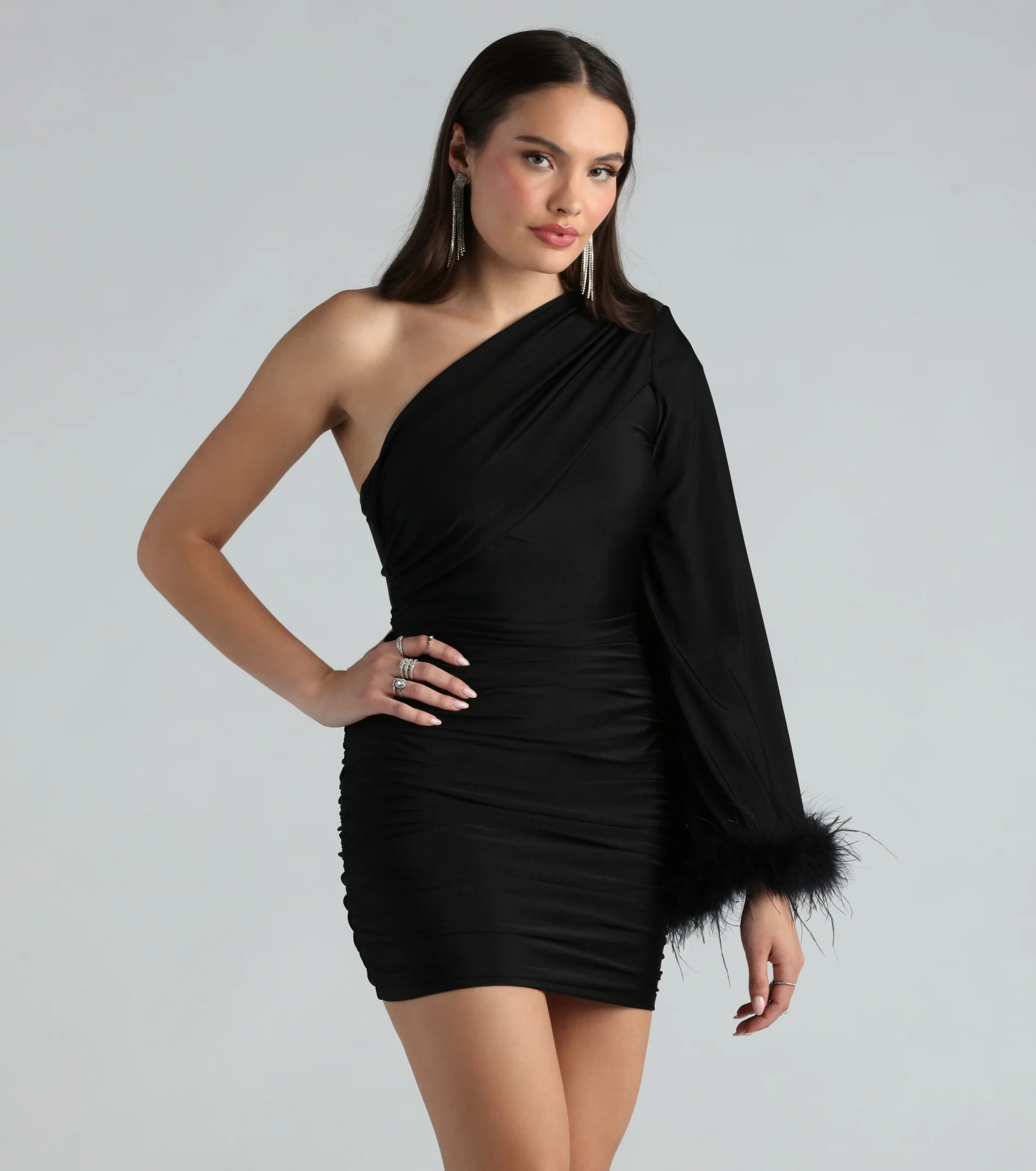 Brielle One-Shoulder Marabou Feather Trim Mini Dress | Windsor Stores