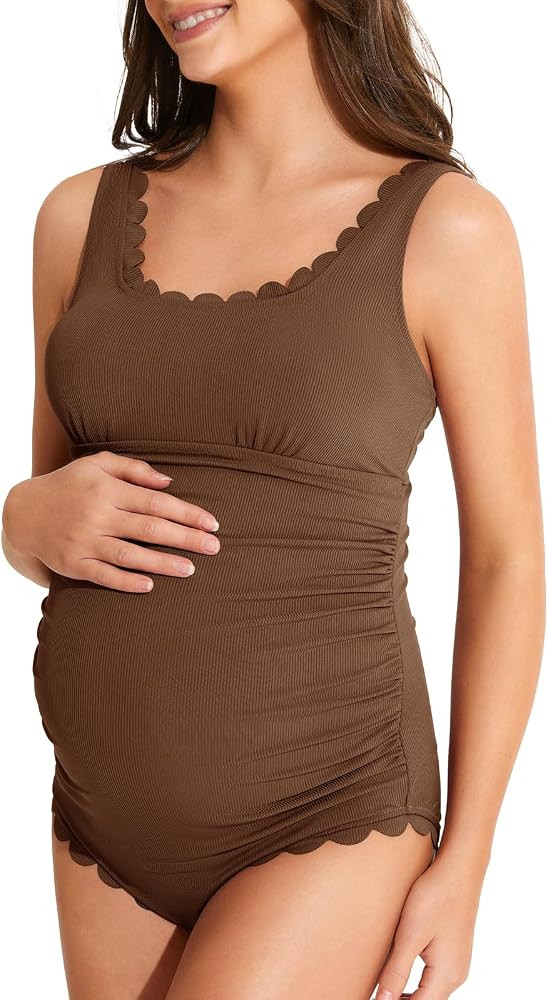 Summer Mae Ribbed Maternity One Piece Swimsuit Scalloped Cut Out Pregnancy Bathing Suit Square Ne... | Amazon (US)