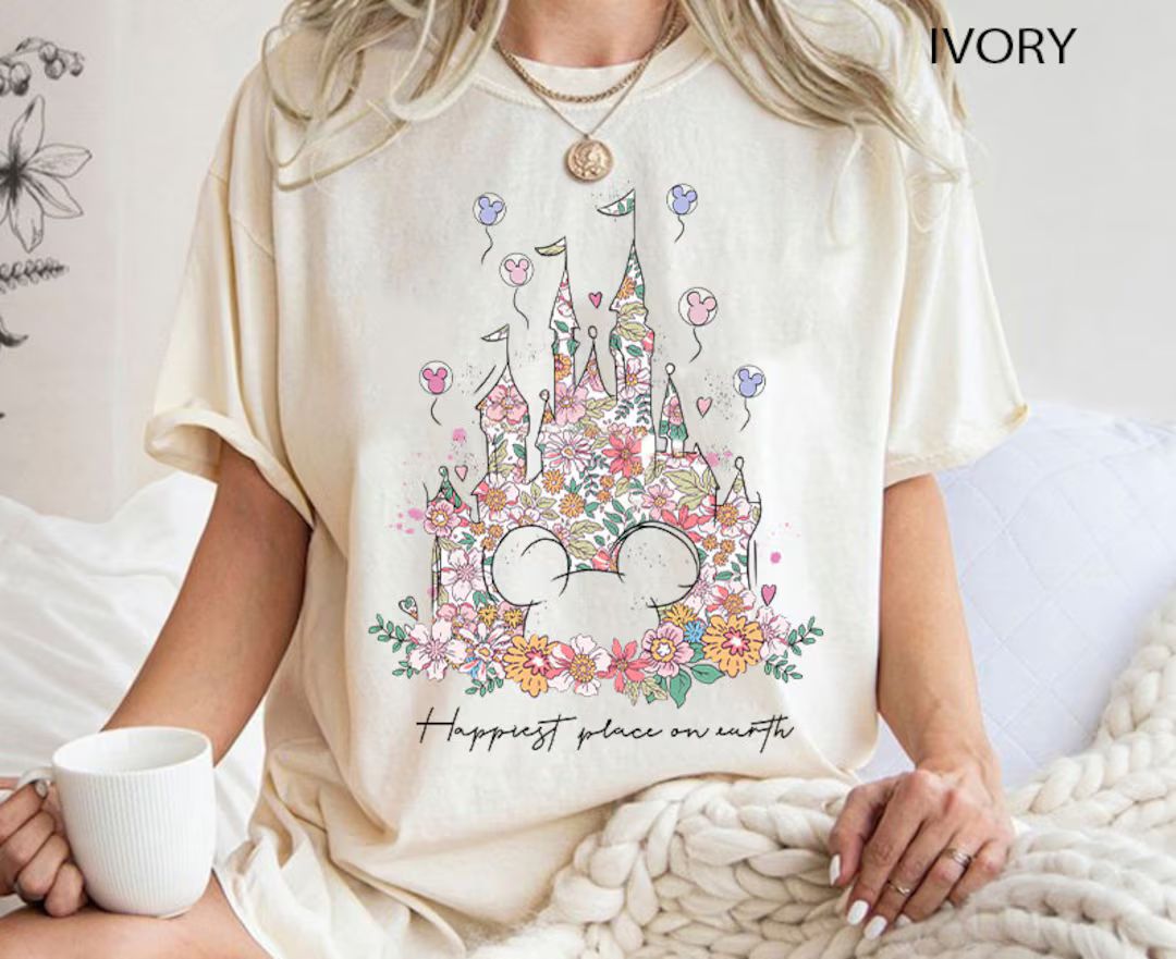 Happiest Place on Earth Shirt, Disney Castle Floral Shirt, Vintage Disney Shirt, Magic Kingdom Sh... | Etsy (US)