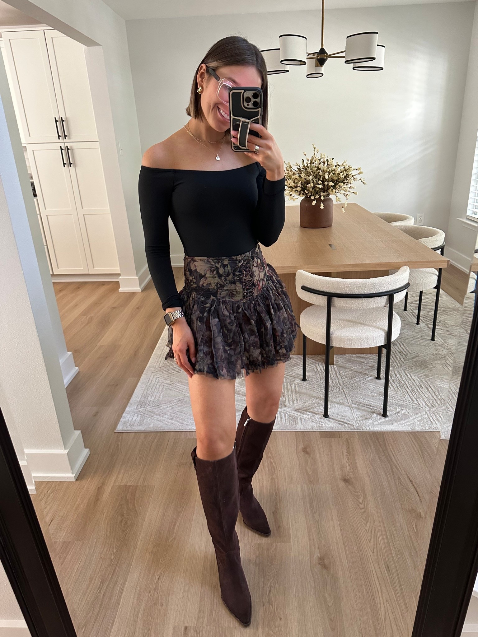 Nuuds black off the shoulder bodysuit size small tts. Vici moody floral tulle mini skort (built in boy shorts) size small tts but if in between, probably size down. Sam Edelman dark brown cafe noir knee high boots size 7 tts.

N sale, Nordstrom anniversary sale, knee high boots, chocolate brown, brown boots, western boots, suede boots, fall outfit, mini skort, mini skirt, bodysuit, autumn, autumn outfit, transitional outfit 

#LTKxVICI #LTKSaleAlert #LTKautumn