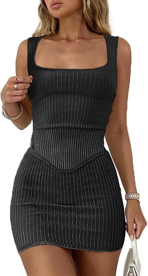 CHYRII Womens Sexy Summer Two Piece Outfits Square Neck Going Out Crop Top Bodycon Skirt Sets Min... | Amazon (US)