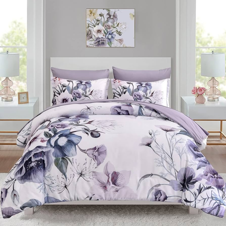 Luxudecor Floral Comforter Set Queen Size 7 Piece, Purple Flower Bed in a Bag, Elegant Floral Com... | Amazon (US)