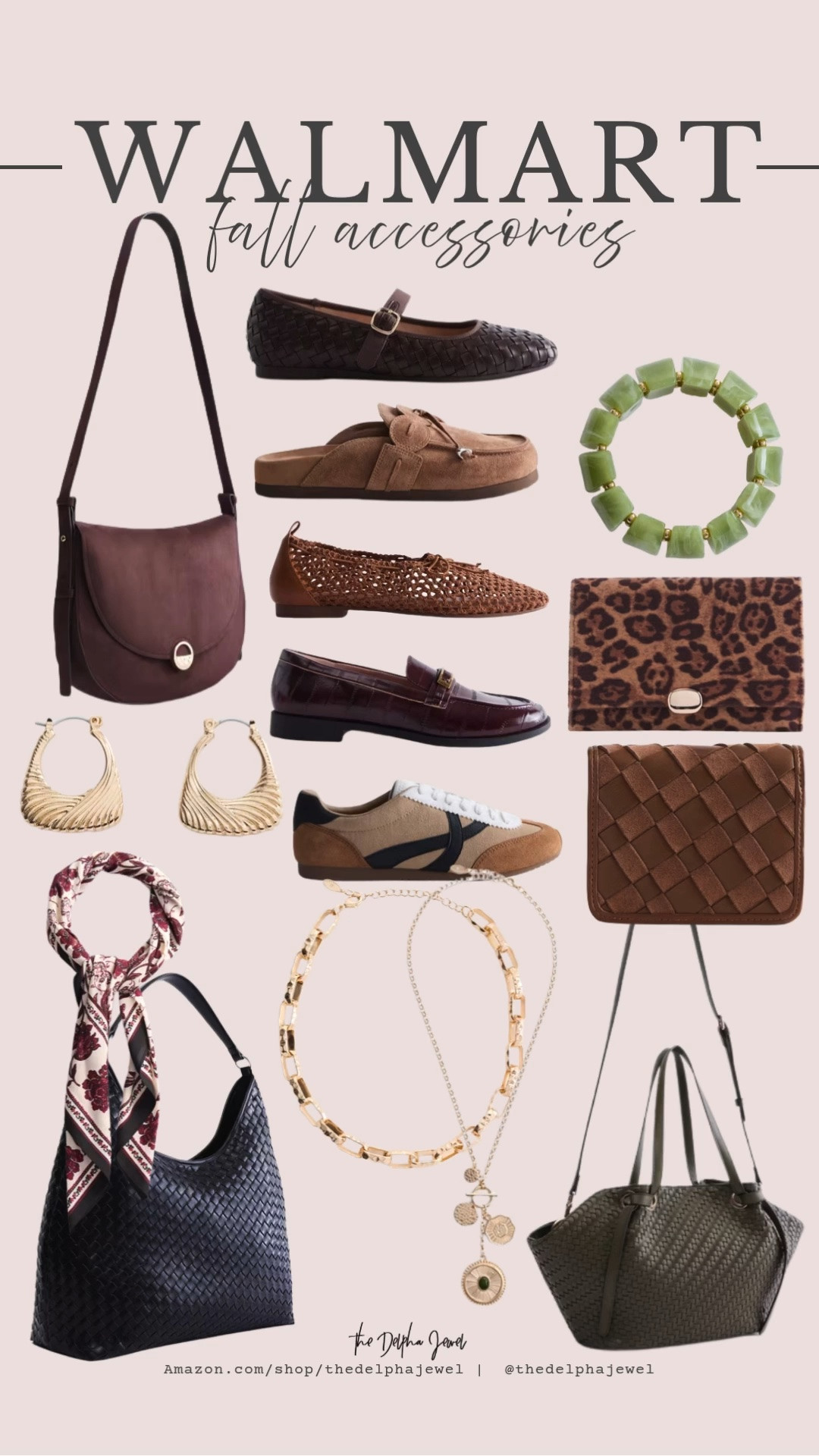 Fall accessories at Walmart 🤎👜

•Chocolate shoulder bag – a rich, classic everyday bag with a timeless silhouette
•Black woven Mary Jane flats – chic, comfortable, and easy to dress up or down
•Brown suede loafers – a cozy fall staple with a polished, classic feel
•Woven ballet flats – breathable, stylish, and perfect for transitioning into fall
•Burgundy loafers – a rich fall color that instantly makes any outfit feel more elevated
•Retro sneakers – the perfect casual shoe for everyday errands and on-the-go outfits
•Green statement bracelet – a fun pop of color to add something unexpected to a neutral look
•Leopard pouch – the perfect little statement piece for adding a touch of print
•Woven crossbody bag – an elevated neutral that pairs beautifully with all your fall outfits
•Black woven tote – roomy, versatile, and chic enough for everyday wear
•Gold statement earrings – bold yet timeless and the perfect finishing touch
•Printed silk scarf – style it around your neck, in your hair, or tied onto your favorite handbag
•Layered gold necklaces – an easy way to add a little extra shine and dimension to any outfit

Over 40 style, fall outfits women, work outfits, business casual workwear, back to school outfits, teacher outfits

#LTKxWalmart #LTKOver40 #LTKootd