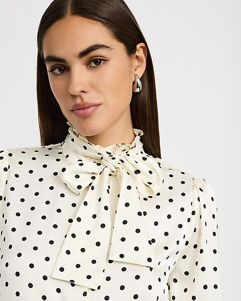 Satin Polka Dot Tie Neck Long Sleeve Top | Express