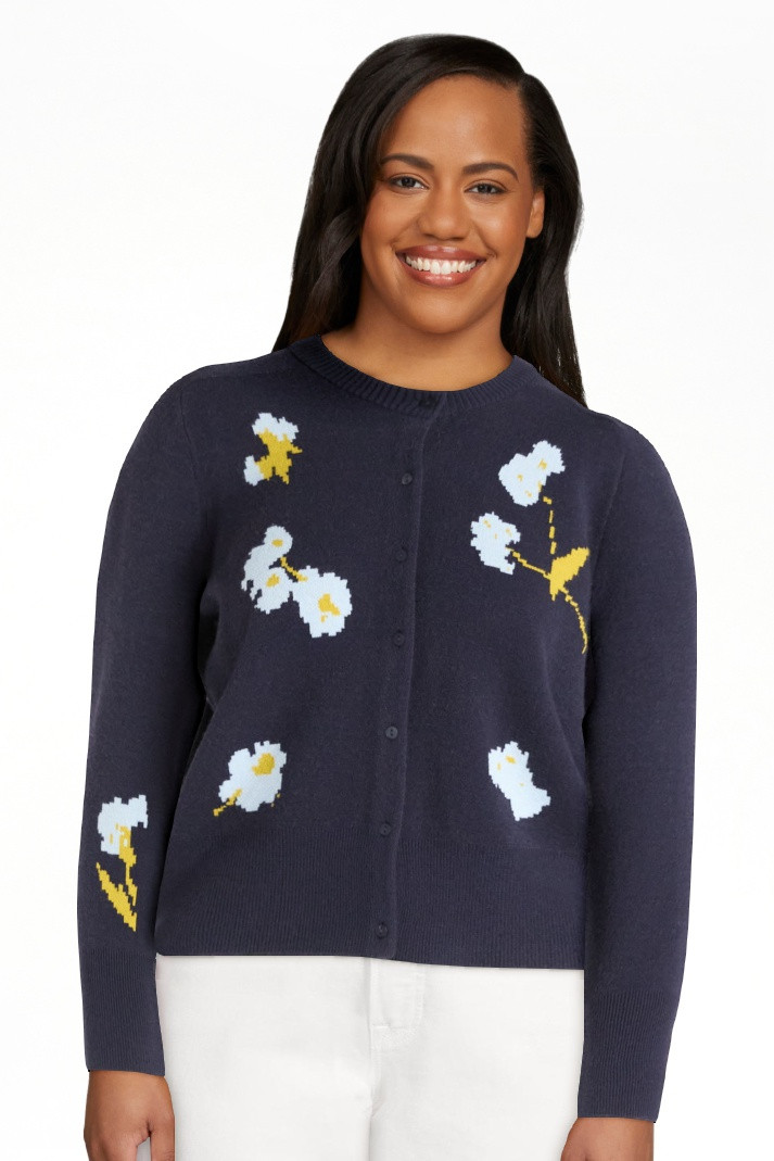 Free Assembly Women's and Women's Plus Floral Jacquard Shrunken Cardigan Sweater, Midweight, Size... | Walmart (US)