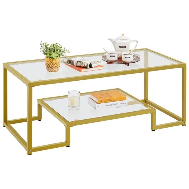 SMILE MART 2-tire Modern Tempered Glass Coffee Table with Metal Frame for Living Room, Gold | Walmart (US)